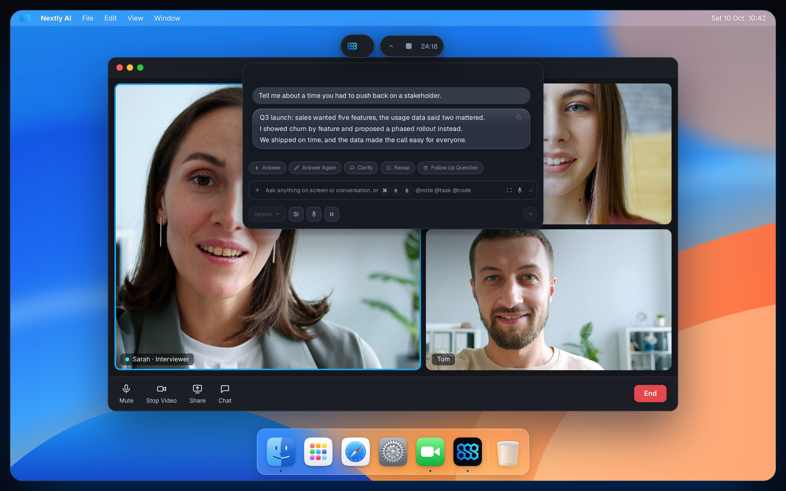 Nextly on a Mac desktop during a video interview with Sarah and Maya: the real Nextly meeting panel floats over the call, showing the interviewer’s question and a three-line suggested answer for Tom, with Answer, Answer Again, Clarify, Recap and Follow Up Question buttons.